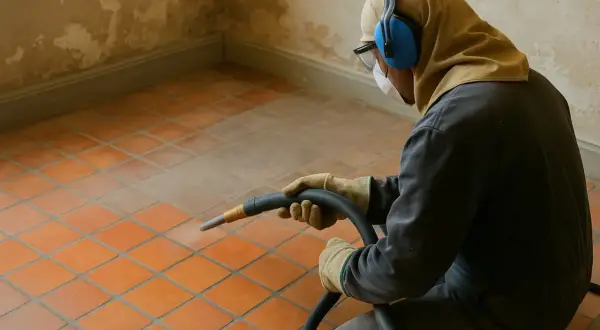 Un ouvrier protégé nettoie un carrelage neuf avec un appareil de sablage.