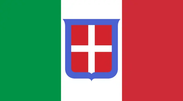 Flag of Italy with the Savoy coat of arms in the center.