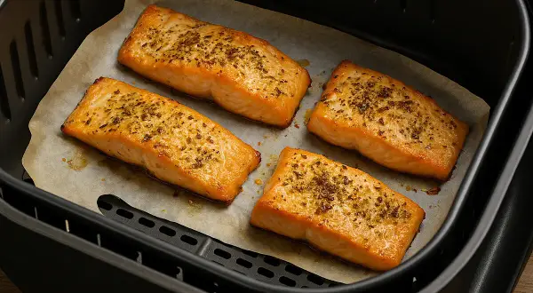 Quattro filetti di salmone dorati e conditi, pronti per essere gustati, cotti alla perfezione nella friggitrice ad aria.
