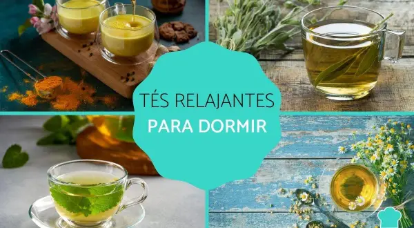Tés relajantes para dormir: cúrcuma dorada, menta refrescante, manzanilla y hierbas aromáticas.