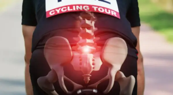 Ciclista con evidenziato il bacino e la colonna vertebrale, suggerendo dolore alle ossa ischiatiche durante il tour.