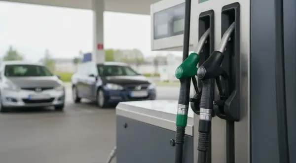 Dwa dystrybutory paliwa: jeden z zieloną końcówką (prawdopodobnie diesel), drugi z czarną (benzyna). W tle samochody na stacji.
