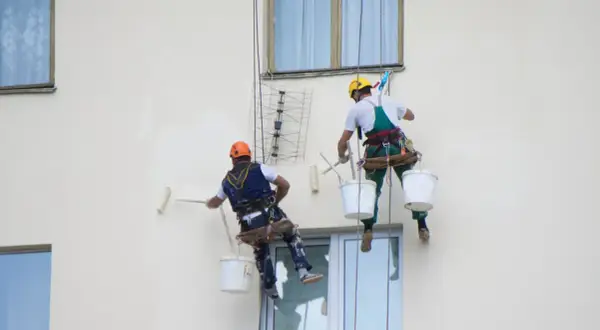 Deux peintres suspendus par des cordes peignent un mur extérieur. L'un utilise un rouleau, l'autre est prêt à commencer.