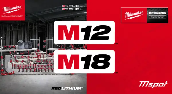 Milwaukee to znana firma produkująca narzędzia. Na zdjęciu widać bogaty asortyment elektronarzędzi M12 i M18.