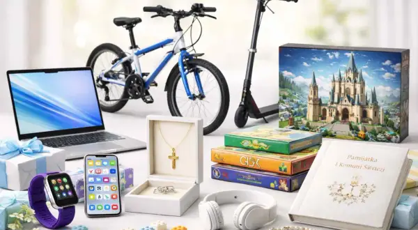 Różnorodne prezenty komunijne: rower, hulajnoga, laptop, smartfon, zegarek, biżuteria, gry, słuchawki, pamiątka.