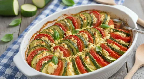 Un plat gratiné de courgettes et tomates, parsemé de fromage et d'herbes. Une recette facile et savoureuse pour l'été.