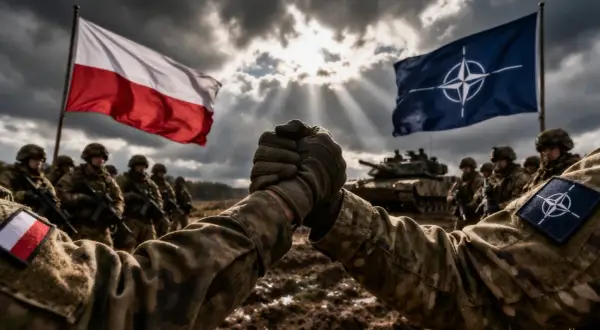 Żołnierze ściskają sobie dłonie pod flagami Polski i NATO. To symbol jedności i siły sojuszu, który pokazuje, co to jest NATO.