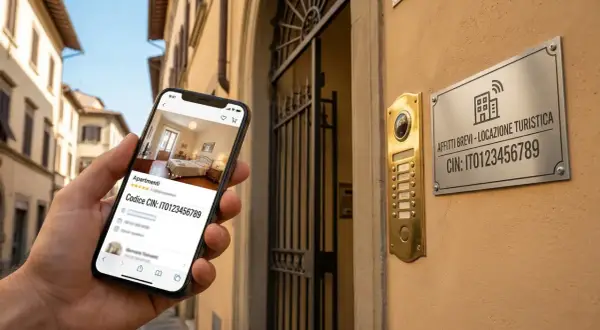 Smartphone mostra un appartamento per affitti brevi. La targa sul muro indica "Affitti Brevi - Locazione Turistica" e il codice CIN, facilitando la comunicazione condominio.