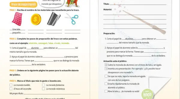 Página de ejercicios de lectura comprensiva 2 primaria para aprender un truco de magia con una moneda.