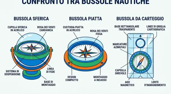 Illustrazione comparativa di tre bussole nautiche: sferica, piatta e da carteggio, utili per la ricerca.