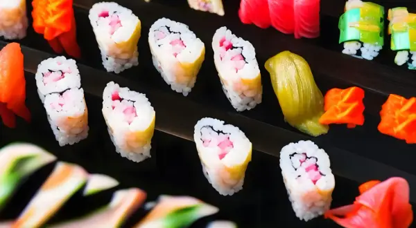 Różnorodne sushi i dodatki ułożone na czarnym tle.
