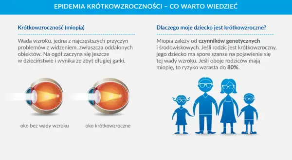Ilustracja przedstawia przekroje oka zdrowego i krótkowzrocznego oraz sylwetki rodziny.
