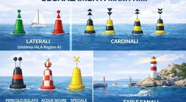 Segnalamenti marittimi: boe laterali, cardinali, pericolo isolato, acque sicure, speciali, fari e fanali. Una barca a **solo vela** naviga tra le boe.