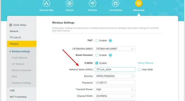 Ustawienia sieci bezprzewodowej TP-Link. Widzisz pole "Network Name (SSID)", gdzie wpisujesz nazwę swojej sieci Wi-Fi.