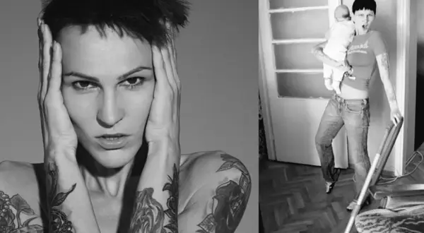 Agnieszka Chylińska z dzieckiem na ręku, w tle drzwi i odkurzacz. Po lewej zbliżenie na twarz artystki z dłońmi na skroniach.