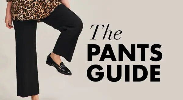 Kobieta w czarnych spodniach plus size i bluzce w panterkę, obok napis "The PANTS GUIDE".