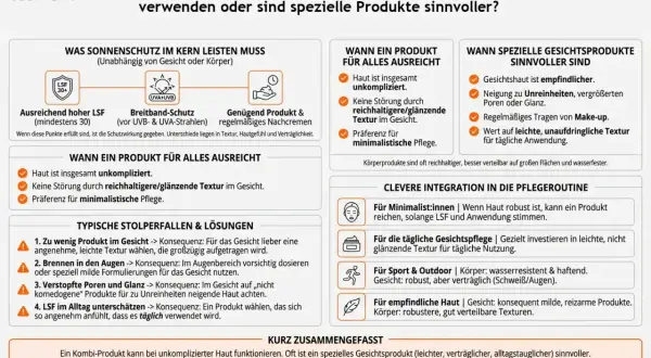 Vergleich von Sonnenschutz für Gesicht und Körper: Wann ein Produkt reicht und wann spezielle Formulierungen für das Gesicht sinnvoll sind.