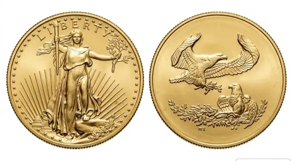 Złota moneta z wizerunkiem Lady Liberty i orła. Ten amerykański orzeł 1 uncja złota to symbol wolności.