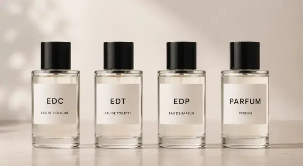 Cztery eleganckie flakoniki z płynem: EDC, EDT, EDP i PARFUM. Każdy z nich to inny rodzaj perfum, gotowy otulić zapachem.