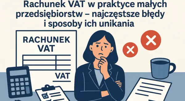 Zmartwiona osoba przy biurku z dokumentami VAT, kalkulatorem i kubkiem kawy. Temat: błędy w rachunkach VAT i jak ich unikać, w tym kwestia split payment.