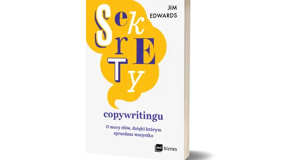 Okładka książki "Sekrety copywritingu" Jima Edwardsa z żółtymi dymkami i fioletowymi literami.