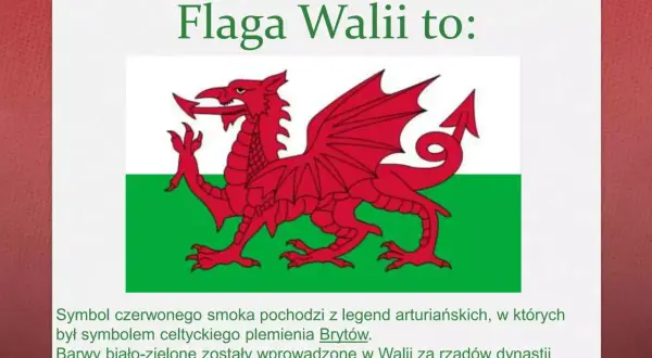 Godło Walii: czerwony smok na tle zielono-białym. Symbol pochodzi z legend arturiańskich, związany z celtyckim plemieniem Brytów.
