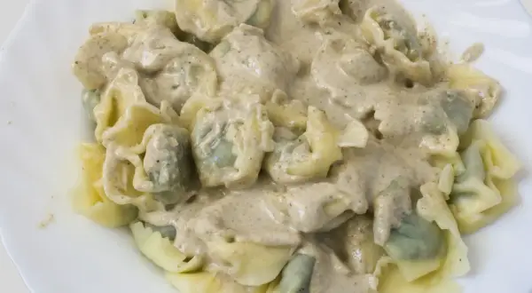 Piatto di pansoti in salsa di noci, pasta fresca ripiena condita con una cremosa salsa alle noci.