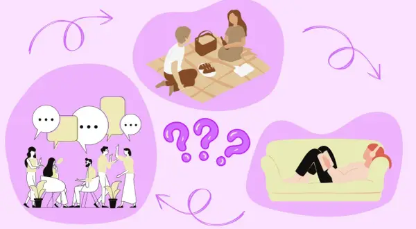 Ilustracja pokazuje cykl: piknik, rozmowy, pytania, odpoczynek. Idealny dla ekstrawertycznego introwertyka.