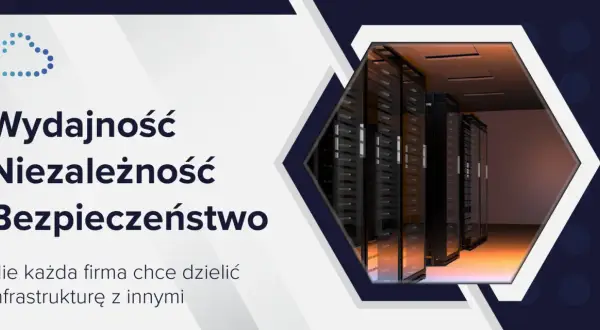 Wydajność, niezależność i bezpieczeństwo. Obraz serwerowni z serwerami w szafach rackowych, symbolizujący hosting dedykowany.