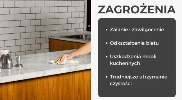 Ręka czyści marmurowy blat, pokazując, jak wykonać blat w kuchni, unikając zalania i uszkodzeń.