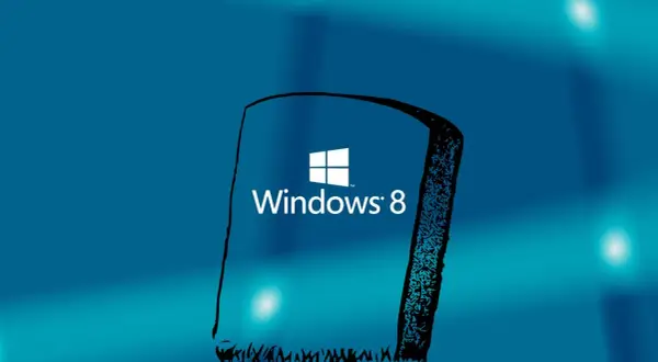 Logo Windows 8 na tle gradientu niebieskiego. Stylizowana, czarna ramka z ozdobnymi wzorami otacza logo.