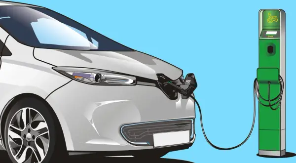 Un'auto elettrica bianca è collegata a una colonnina di ricarica verde. Illustrazione che mostra come funzionano le colonnine di ricarica.
