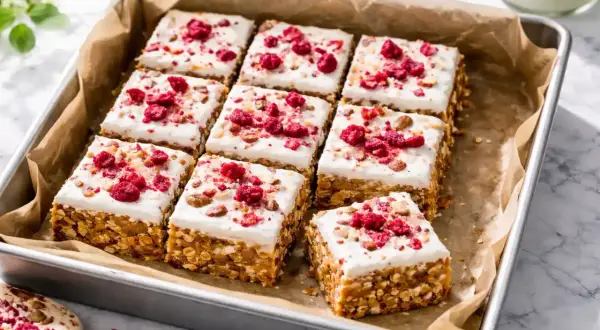 Små fyrkantiga bars med vit frosting och hallon. Ett perfekt bars recept för fika.