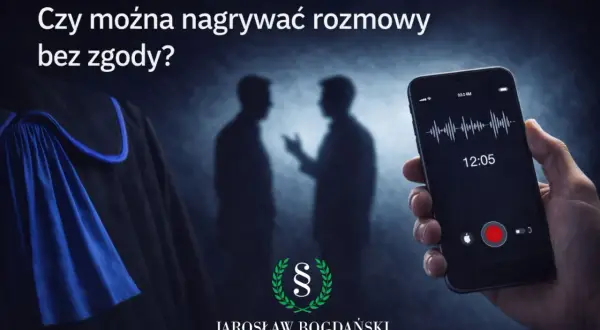 Czy można kogoś nagrywać kamerą bez jego zgody? Prawnik, telefon z nagrywaniem rozmowy i sylwetki ludzi w tle sugerują dylemat prawny.