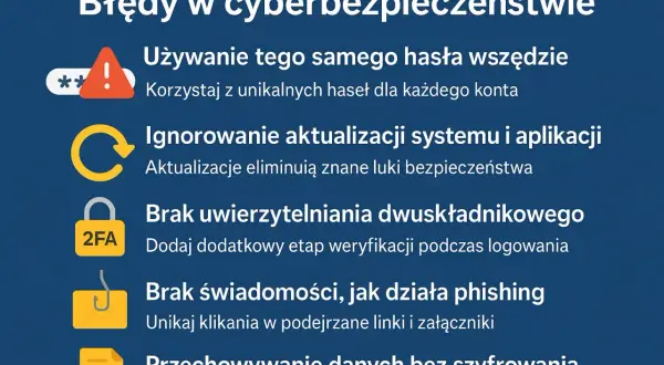 Błędy w cyberbezpieczeństwie: używanie tego samego hasła, ignorowanie aktualizacji, brak 2FA, klikanie w phishing, przechowywanie danych bez szyfrowania. Oto czego nie robić w internecie.