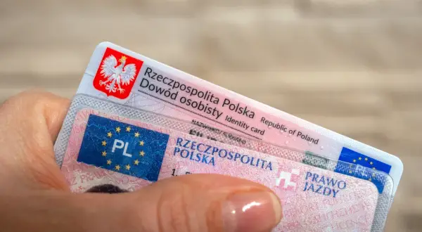 Dłoń trzyma polski dowód osobisty i prawo jazdy. To ważne dokumenty, a prawo jazdy bezterminowe daje swobodę na drogach.