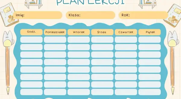 Uroczy plan lekcji z miejscem na imię, klasę i rok. Nowy przedmiot w szkole? Wpisz go tutaj!