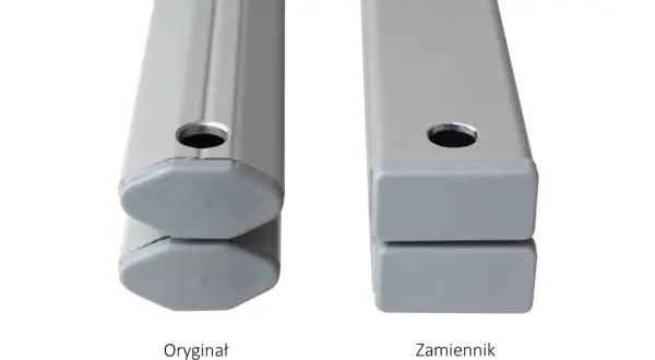 Dwa profile aluminiowe, jeden z zaokrąglonymi stopkami (oryginał), drugi z kwadratowymi (zamiennik). Część namiotu.