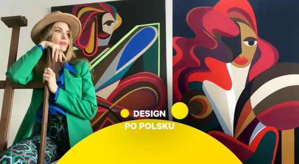 Młoda artystka w stylowym stroju pozuje na tle swoich abstrakcyjnych obrazów. Jej dzieła to kolorowe, geometryczne portrety kobiet, pełne dynamiki i wyrazu.