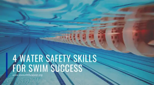Underwater view of a swimming pool with lane lines and buoys. Text reads "4 WATER SAFETY SKILLS FOR SWIM SUCCESS." Learn to safe t swim.