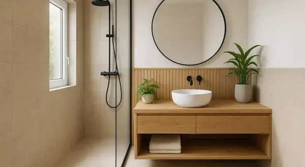 Douche moderne et meuble vasque en bois dans une petite salle de bain 3m2. Miroir rond et plantes vertes apportent une touche de fraîcheur.