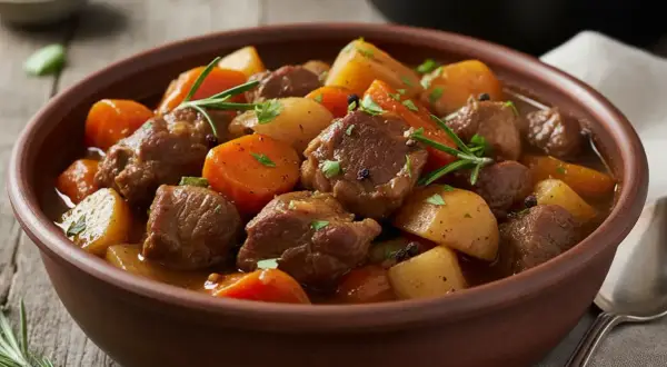 Un réconfortant ragoût d'agneau façon grand-mère, mijoté avec des carottes et des pommes de terre, garni de romarin frais.
