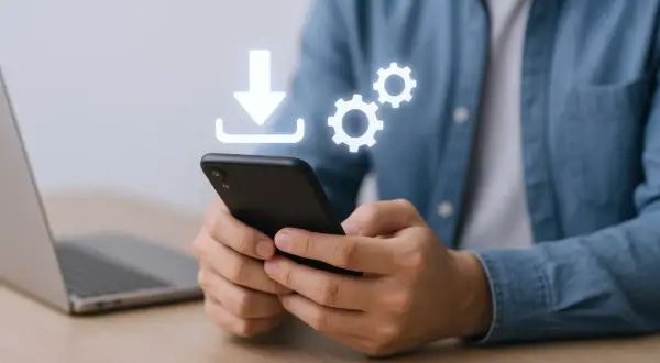 Mężczyzna trzyma smartfon, na którym widnieje ikona pobierania i kółka zębate, symbolizujące aktualizację iPhone'a.