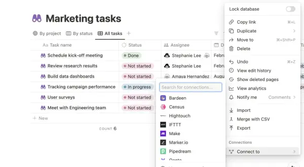 Interface Notion avec une liste de tâches marketing. Un menu contextuel affiche des options comme "Connect to" pour gérer les connexions, suggérant l'utilisation de la notion api.