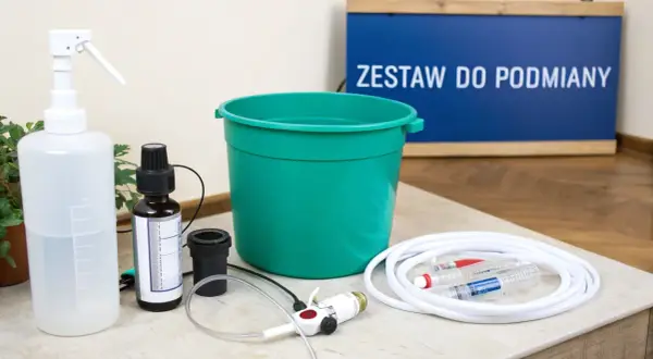 Zestaw do podmiany wody w akwarium: butelka z atomizerem, pojemnik, wężyk, strzykawki i buteleczka z płynem, prawdopodobnie antychlor.