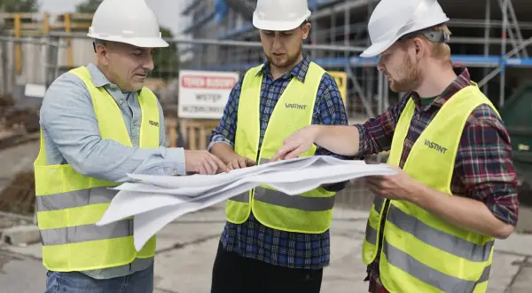 Trzech budowlańców w kaskach i kamizelkach omawia plany. Jeden z nich wskazuje palcem na dokumenty, ustalając szczegóły projektu i prowizję.