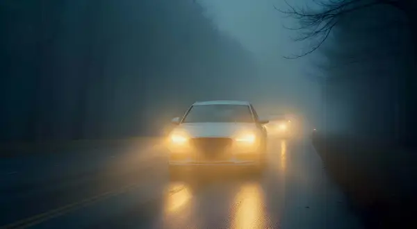 Voitures circulant dans le brouillard, leurs feux diurnes perçant la brume et illuminant la route mouillée par la pluie.