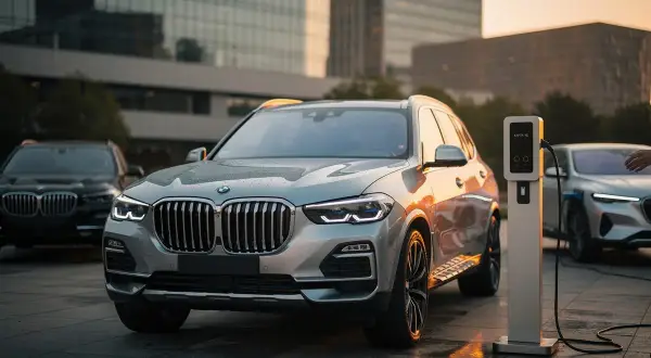 Un elegante BMW X5 2026, argento metallizzato, si ricarica accanto a un'altra BMW.