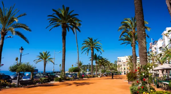 Promenada w lloret de mar centrum z palmami, kawiarniami i widokiem na morze.