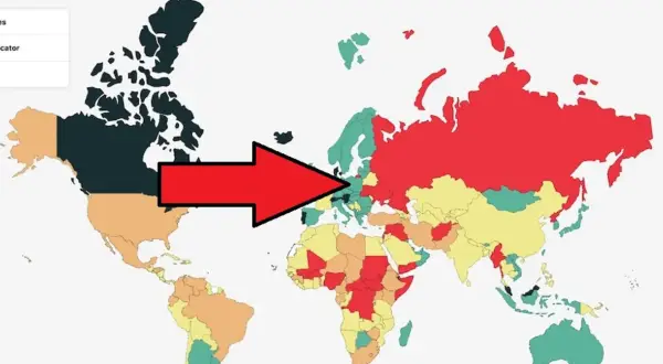 Mapa świata z zaznaczonymi krajami. Czerwony obszar wskazuje na najniebezpieczniejsze kraje świata.